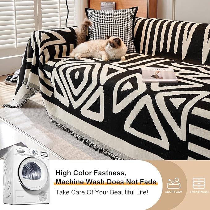 STACYPIK Durable Boho Couch Cover for Dog Anti-Scratch Black White Triangle Sofa Cover for 2 Cushion Couch Anti Slip L Shaped Couch Cover Reversible Loveseat Covers Multi-Use Sofa Throw Cover-91X118IN