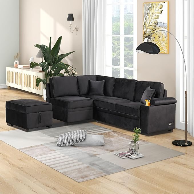 Ball & Cast 84" Convertible Sectional Sofa Bed,L-Shaped Sleeper Couch w/Storage Ottoman,Cup Holder and Charging Stations,Put Out Sofas w/Chaise,for Living Room and Small Apartment,Black