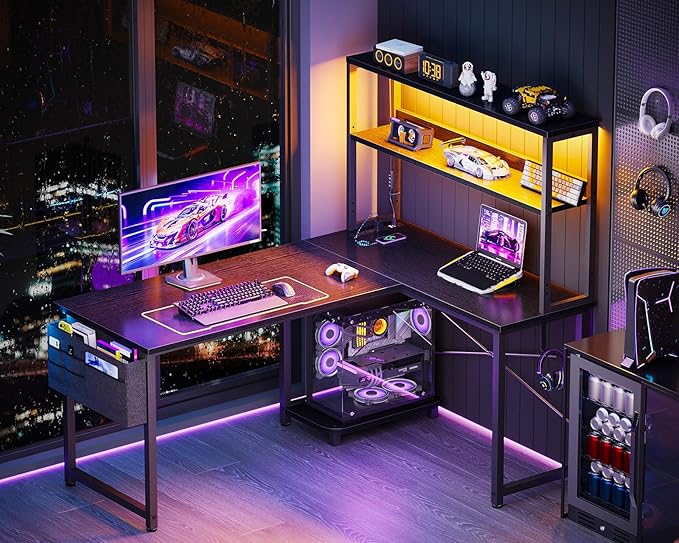 ODK 43 Inch L Shaped Desk with LED Lighting, Reversible Gaming Desk with Power Outlets, Cornor Computer Table with Storage Shelves & Bag & Iron Hook, Home Office Table for Writing, Study, Black
