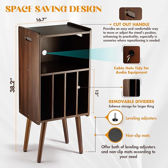 Wooden LP Record Player Stand, 3-Tier Turntable Stand Cabinet Holds up to 100 Albums, Record Storage Holder and Organizer Table, Mid-Century Modern Record Player Holder (Rich Walnut, 3-Tier)