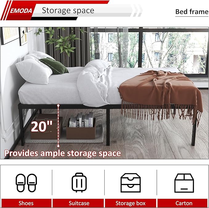 EMODA 20 Inch Twin Bed Frame No Box Spring Needed, Heavy Duty Tall Metal Twin Platform Bed Frames with Large Storage Space, Noise Free, Easy Assembly, Black
