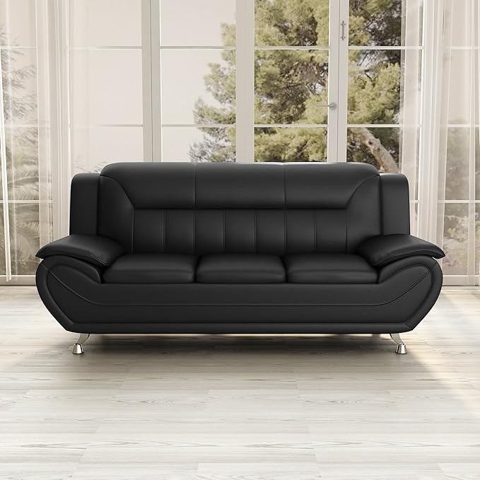 Container Furniture Direct Michael Modern Faux Leather Upholstered Stainless Steel Legs Living Room, Chair, Loveseat, Sofa, Soft Beige/Black