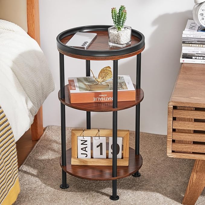 Side Table, Small Round Side Table for Small Spaces, 3-Tier Round Accent Table Slim Side Table, Modern Sofa End Table Corner Table for Living Room Bedroom Nightstand (Classic, Cherry)