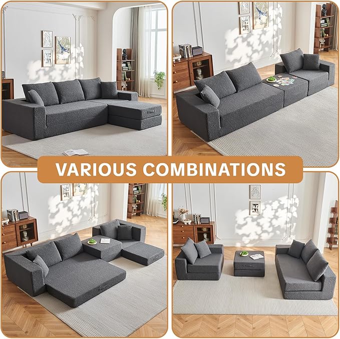 108" Modular Sectional Cloud Sofa - Boneless Couch with Deep Seat, Non Slip Base, Folding Sofa Sectional Couches for Living Room, Cozy Modular Couch with L-Shape Chaise, No Assembly Required, Grey