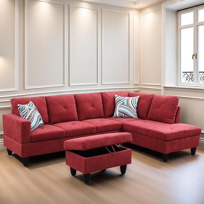 L Shaped Sectional Couch Sofa, Modern Couches for Living Room, Comfy 4 Seat Modular Sectional Sofa with Ottoman Storage for Bedroom Apartment, Red