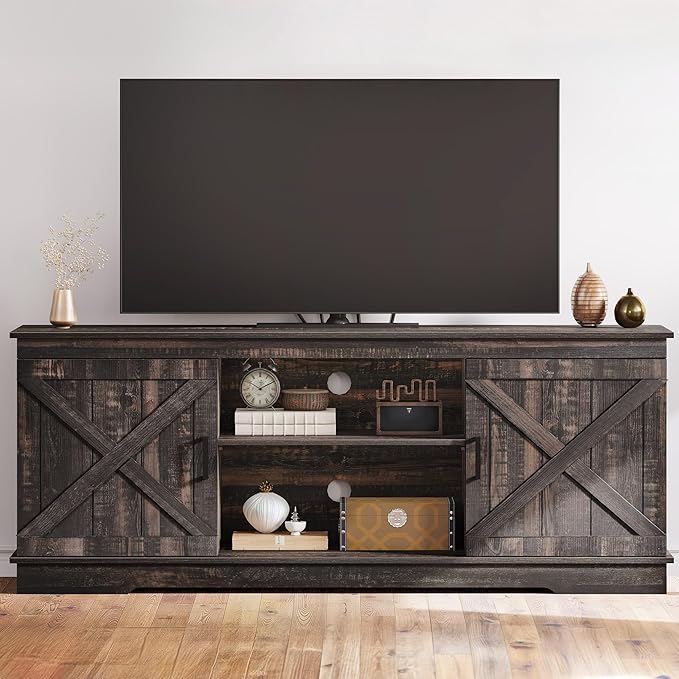 DWVO Farmhouse TV Stands for Living Room, Entertainment Center with Storage, TV Stand for 65 Inch TV with Double Barn Doors & Storage Cabinets, Rustic TV Cabinet Media Console, Dark Oak