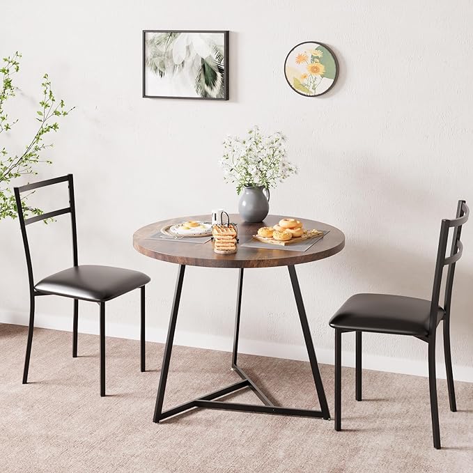 CABIHOME Dining Table Set for 2, Kitchen Table Set for 2, Kitchen Table Set with 2 Upholstered Chairs, Round Dining Table Set for Small Space, Apartment, Retro Brown