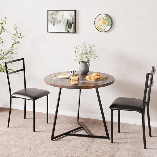 CABIHOME Dining Table Set for 2, Kitchen Table Set for 2, Kitchen Table Set with 2 Upholstered Chairs, Round Dining Table Set for Small Space, Apartment, Retro Brown