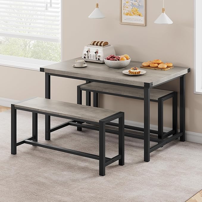 Garvee Dining Table Set for 4, Kitchen Table with Benches, 3 Piece Rectangular Dining Room Set with 2 Wooden Benches for Small Space, Apartment, Studio, Home, Rustic Gray