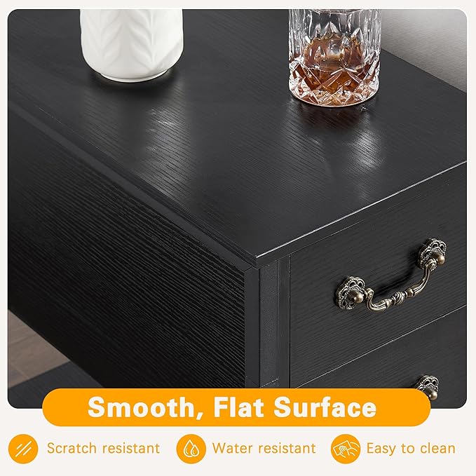 VECELO End Tables,Narrow Nightstand with Drawers and Storage Shelf,Modern Night Stand for Small Spaces, Living Room,Bedroom
