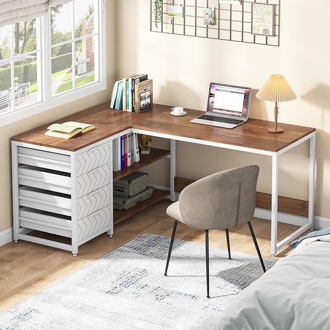 Tribesigns L Shaped Computer Desk with Storage Drawers, 59 inch Corner Desk with Shelves, Reversible L-Shaped Office Desk Study Writing Table Workstation for Home Office, Walnut & White