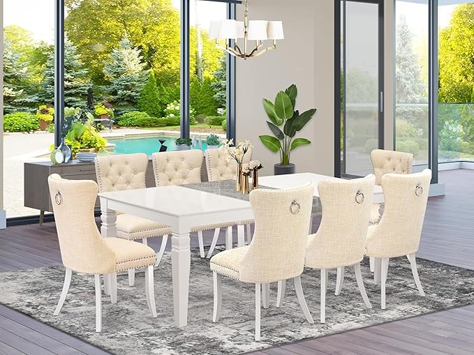 East West Furniture LGDA9-LWH-32 9 Piece Dining Table Set Includes a Rectangle Kitchen Table with Butterfly Leaf and 8 Polyester Fabric Padded Chairs, 42x84 Inch, linen white