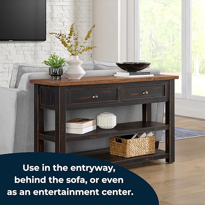 Martin Svensson Home Monterey Solid Wood Sofa Console Table, Black and Honey Brown