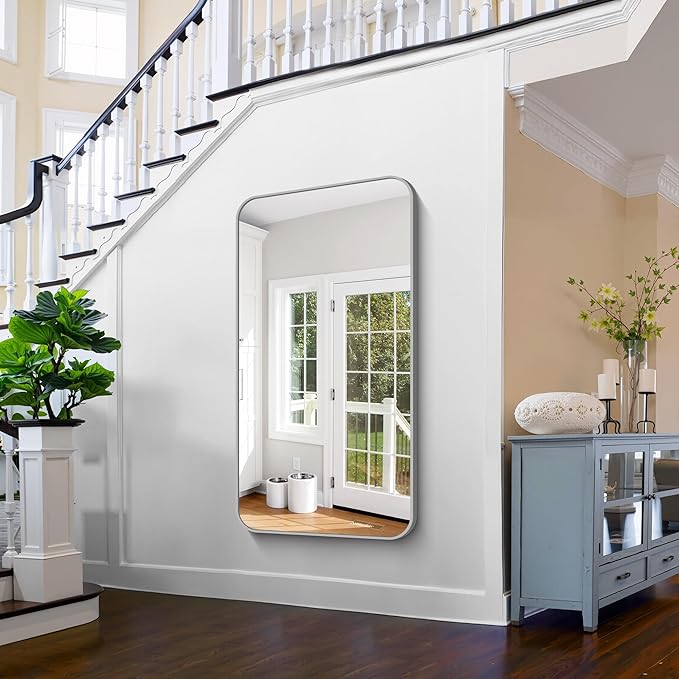 FORBATH 30x55 Inch Silver Bathroom Mirror for Over Sink, Large Rectangular Wall Mirror with Metal Frame, Rounded Corners for Bathroom, Bedroom, Entryway Decor (Horizontal or Vertical)