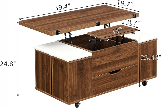 Merax Multi-Functional Lift-Top Coffee Table with Hidden Storage and Stools,Multi-Function Modern Center Table with 4 Stools and Casters,Perfect for Modern Living Spaces, Walnut & White