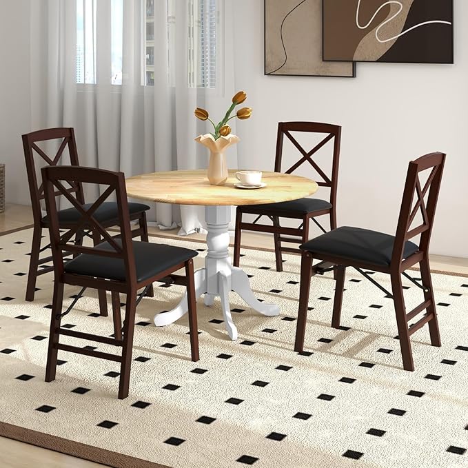 COSTWAY Round Dining Table for 4, 39-inch Wooden Kitchen Table With Solid Rubber Wood Frame, Curved Trestle Legs, Adjustable Foot Pads, Mid Century Rustic Dinning Table for Living Room (Natural+White)