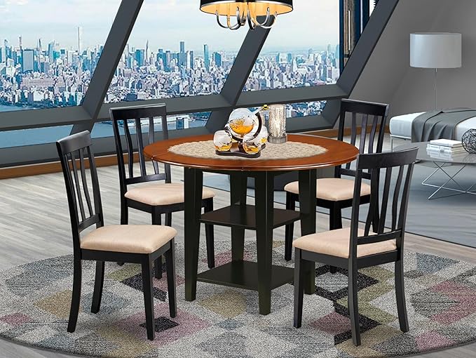 East West Furniture SUAN5-BCH-C 5 Piece Kitchen Table & Chairs Set Includes a Round Dining Table with Dropleaf & Shelves and 4 Linen Fabric Dining Room Chairs, 42x42 Inch, Black & Cherry