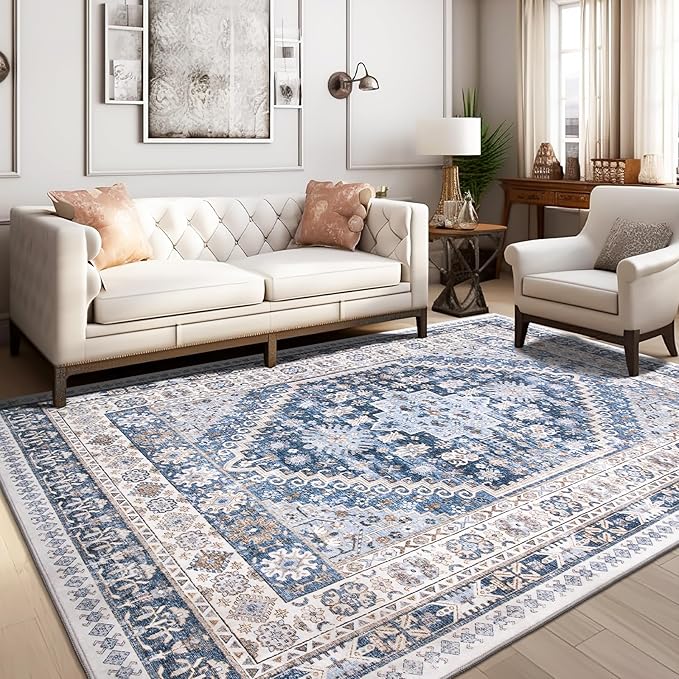 zesthome 4x6 Rug - Stain Resistant Washable Rug, Anti Slip Backing Rugs for Living Room, Foldable Vintage Small Area Rugs (Blue/Beige,4'x6')