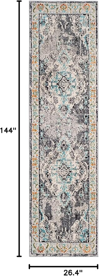 SAFAVIEH Monaco Collection Runner Rug - 2'2" x 12', Grey & Light Blue, Boho Chic Medallion Distressed Design, Non-Shedding & Easy Care, Ideal for High Traffic Areas in Living Room, Bedroom (MNC243G)