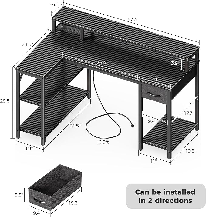 SUPERJARE 47 inch Reversible L Shaped Desk with LED Lights & Power Outlets, Computer Desk with Shelves & Monitor Stand, Gaming Desk with Drawer, Home Office Desk Corner Desk, Carbon Fiber Black
