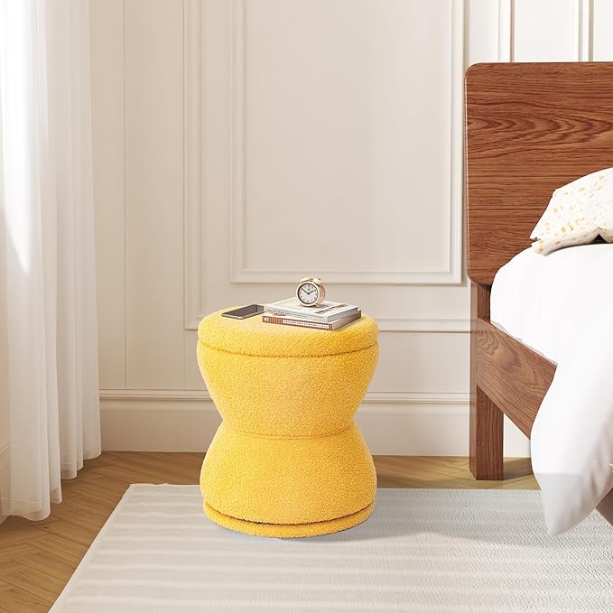 Ottoman with Storage, 360° Swivel Boucle Ottoman Vanity Stool, Upholstered Footstool with Storage Removable Lid, Modern Round Boucle Footrest Coffee Table for Living Room, Dorm, Makeup Room, Yellow