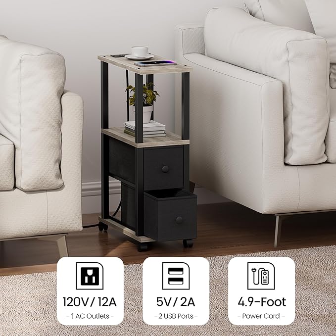TUTOTAK Small Narrow End Tables, Side Tables with 2 Fabric Drawers, Set of 2, Bedside Tables with Charging Station for Small Spaces, Slim Nightstands with USB Ports and Wheels, TB01BG053