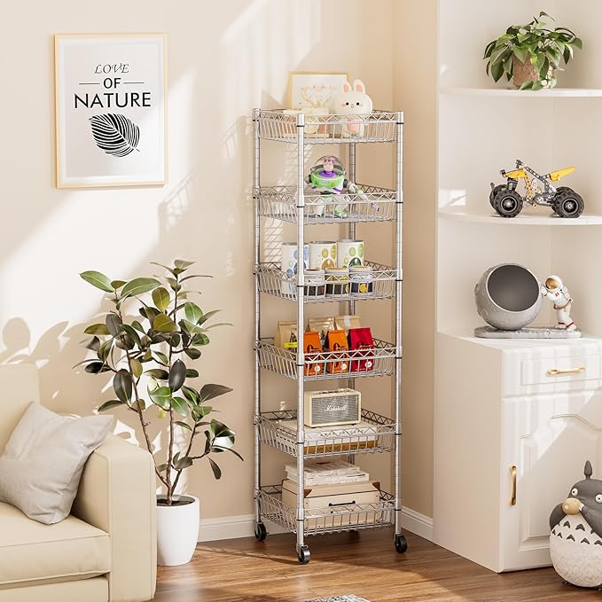 SINGAYE 6 Tier Shelf Adjustable Storage Shelves Rack Standing Units with Wheels Closet Wire Shelving Organizers Metal Pantry Kitchen Laundry Room 13.5" D x 13.5" W x 63" H Silver