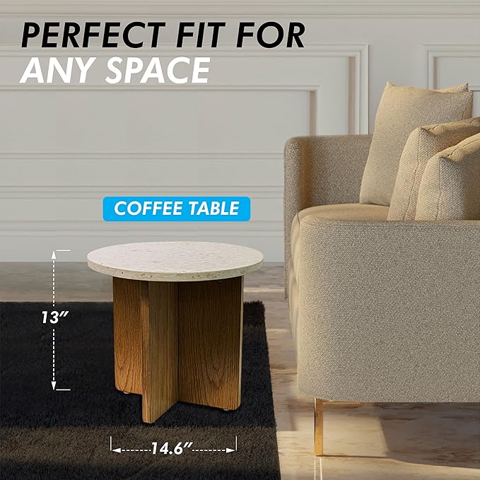 Melino Ocean-Plastic Round Side Table for Living Room, Bedroom, Nightstand with FSC Wood Base, Easy Assembly, Accent/Coffee Table (Plena Pearl, 14.6" D x 14.6" W x 13" H)