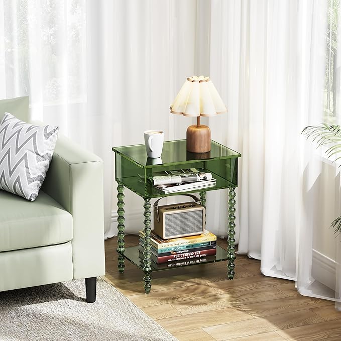 Acrylic Side Table, Clear 3-Tier End Table with Storage, Nightstand for Living Room, Bedroom, Office (Green, 11.8 ×15.7 × 19.7)