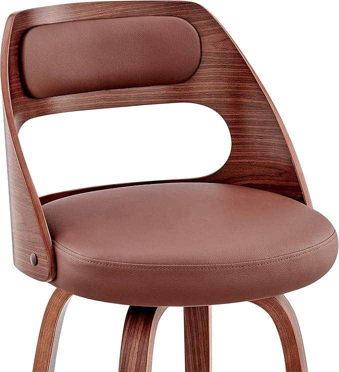 Armen Living Julius Mid Century Modern Swivel Bar Stool for Kitchen Island Counter in Brown Faux Leather and Walnut Wood, 26" Seat Height