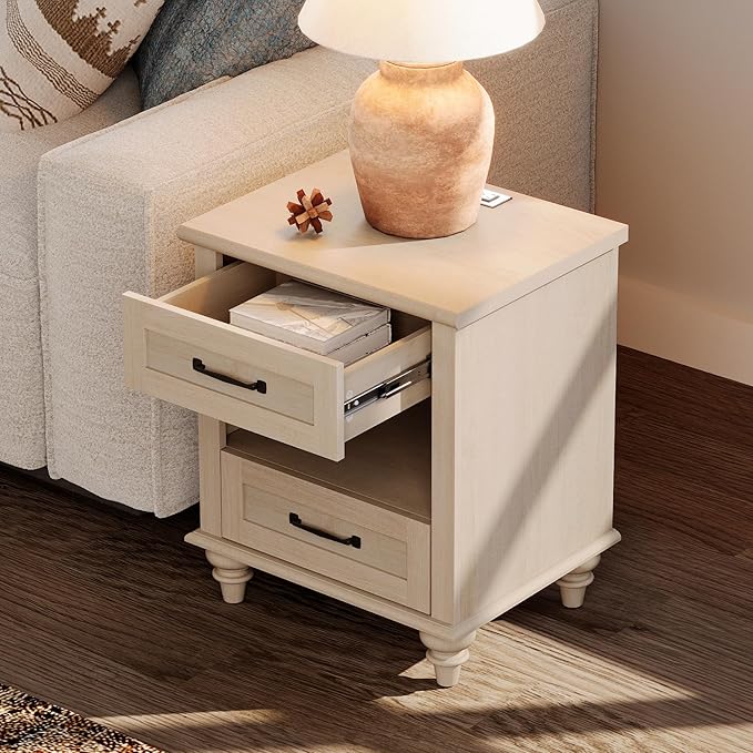 WAMPAT Set of 2 End Tables with Charging Station, 2 Drawer Nightstand for Bedroom with Storage Shelf, 2 Pack Wooden End Tables Bedside Table for Living Room, Beige