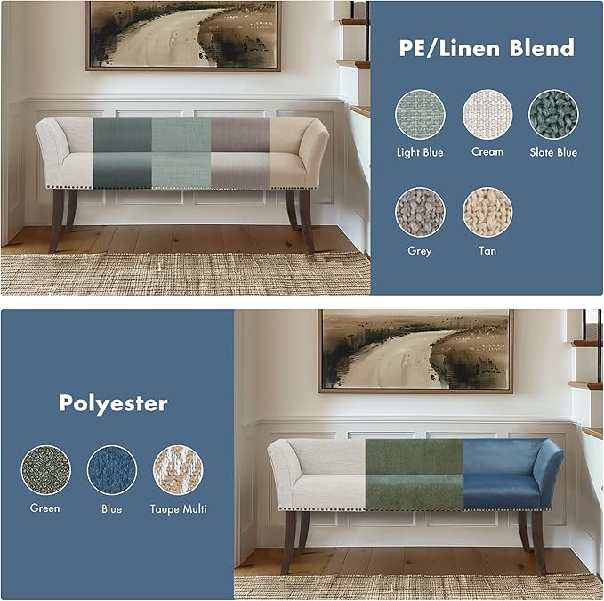 Madison Park Accent Bench, Upholstered with Nailhead Trim, & Padded Seat Entryway Bench Small, End of Bed Bench with Back, 49.5" W x 19.25" D x 23" H, Blue