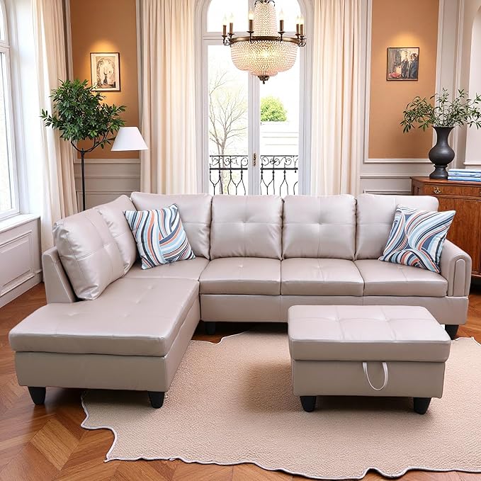 L-Shaped Sectional Sofa with Ottoman, Right-Facing Leather Modern Couch with Cup Holder for Living Room, Bedroom, Office, Persistent Pink