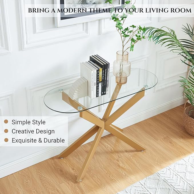 Gold Glass Oval Console Table, Modern Style Entryway Hallway Narrow Sofa Table, Entrance for Entryway, Living Room, Foyer, Hallway, Office， 45" Lx18 Wx30 H Gold