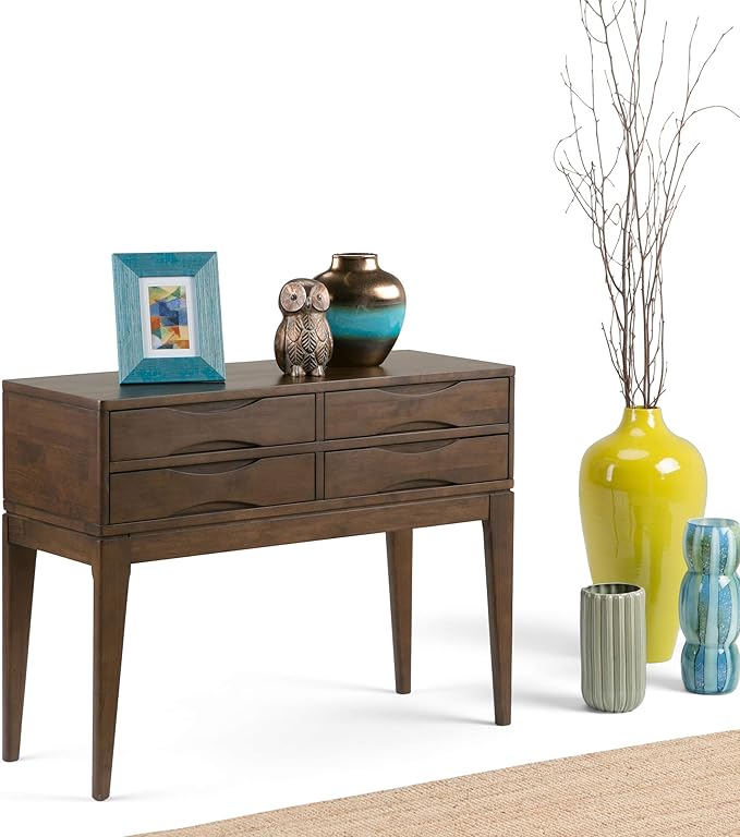 SIMPLIHOME Harper Console Table - 40 Inch Wide Solid Hardwood Sofa Table in Walnut Brown, Mid-Century Modern Storage Table for Entryway or Living Room with 4 Drawers, Notched Handles, and Tapered Legs