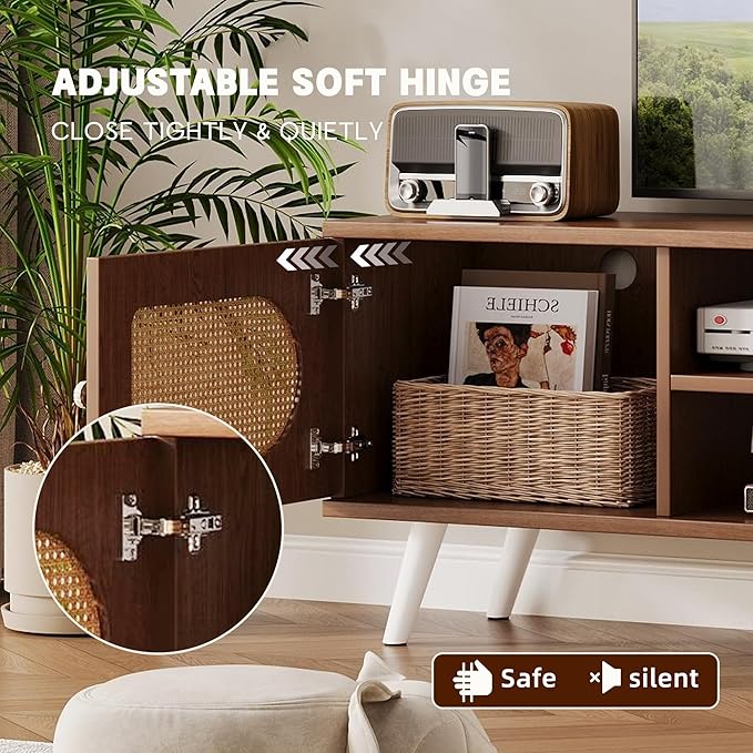 55" Rattan TV Stand for 65 Inch TV Solid Wood TV Console Entertainment Center with 2 Cabinets for Living Room Bedroom, Retro Brown