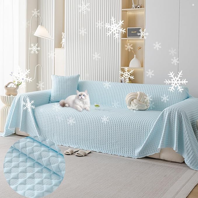 HANDONTIME Cooling Dog Couch Cover Ice Silk Washable & Breathable Pet Sofa Protector Durable Couch Covers for Sofa Pet Friendly Soft Dog Cooling Bed Cover Sofa Protector Covers (Baby Blue, 71"x150")