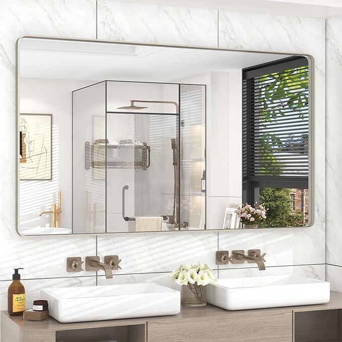 55x30 Silver Bathroom Mirror for Wall, Brushed Metal Silver Framed Bathroom Vanity Mirror, Rounded Corner Rectangle Mirror, Shatterproof, Anti-Rust (Horizontal/Vertical)