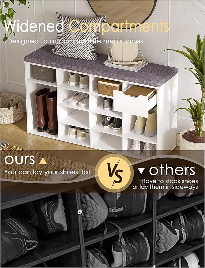 DINZI LVJ Shoe Bench, Entryway Storage Bench with Drawer and 15 Cubbies, Cubby Shoe Rack with Adjustable Shelves, Shoe Organizer Cabinet for Living Room, Bedroom, Mudroom, Closet and Garage, White