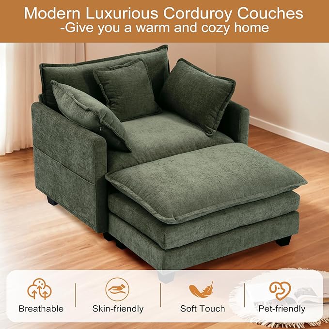 Furniliving Oversized Accent Chair with Ottoman, Luxury Chenille Single Sofa, Upholstered Deep Seat Chaise Lounge with Pillows for Living Room, Bedroom, Apartment, Green
