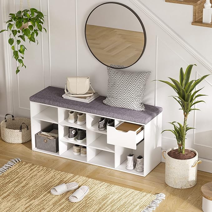 DINZI LVJ Shoe Bench, Entryway Storage Bench with Drawer and 11 Cubbies, Cubby Shoe Rack with Adjustable Shelves, Shoe Organizer Cabinet for Living Room, Bedroom, Mudroom, Closet and Garage, White