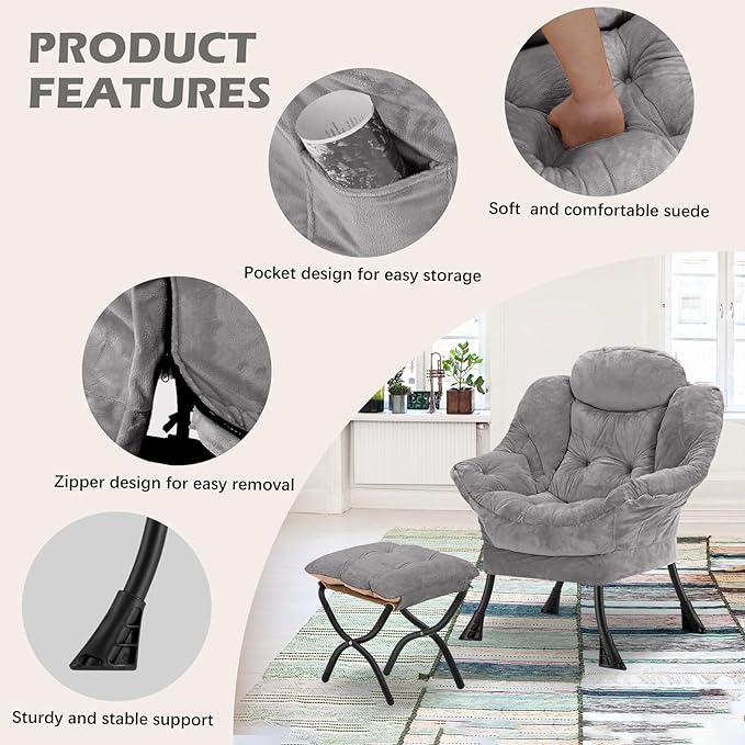 Lazy Chair with Folding Ottoman,Leisure Sofa Chair,Soft Fabric Armchair with Armrests and Side Pockets, Reading Chair with Footrest for Living Room, Bedroom, Office (Plush Light Grey)