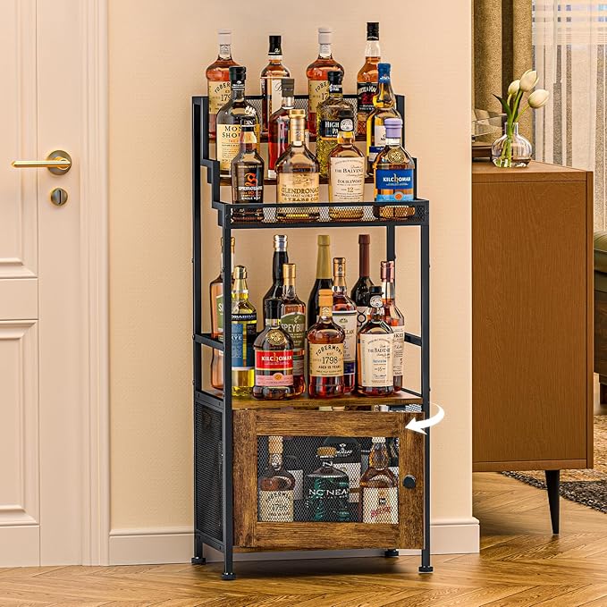 Tiered Liquor Stand with Bar Cabinet for Home, Large-Capacity Wine Rack Freestanding Floor, Stepped Display Shelf Featuring Mesh Door Holds Whiskey & Syrup Bottles, Corner Storage Ideal in living room