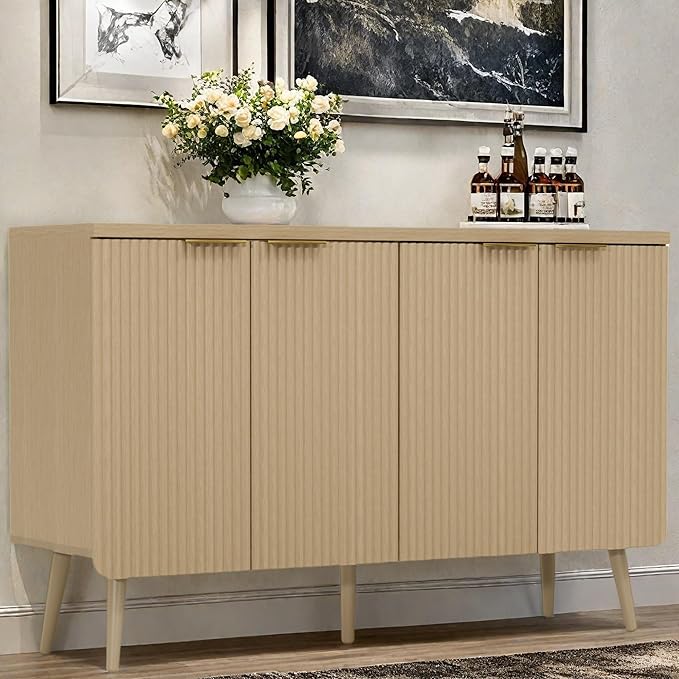 Buffet Cabinet, Sideboard Fluted Cabinet Modern Kitchen Buffet Storage Cabinets with Doors and Shelves, Wood Farmhouse Coffee Bar Station for Entryway & Dining Room & Living Room, Natual Oak