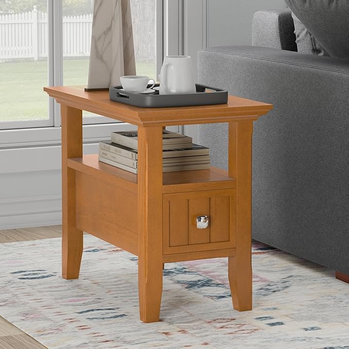 SIMPLIHOME Acadian 14-inch Wide Narrow End Table with Drawer and Open Shelf in Light Golden Brown for Living Room or Bedroom