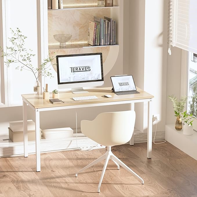 Teraves Computer Desk/Dining Table Office Desk Sturdy Writing Workstation for Home Office (39.37“, Beige + White Frame)
