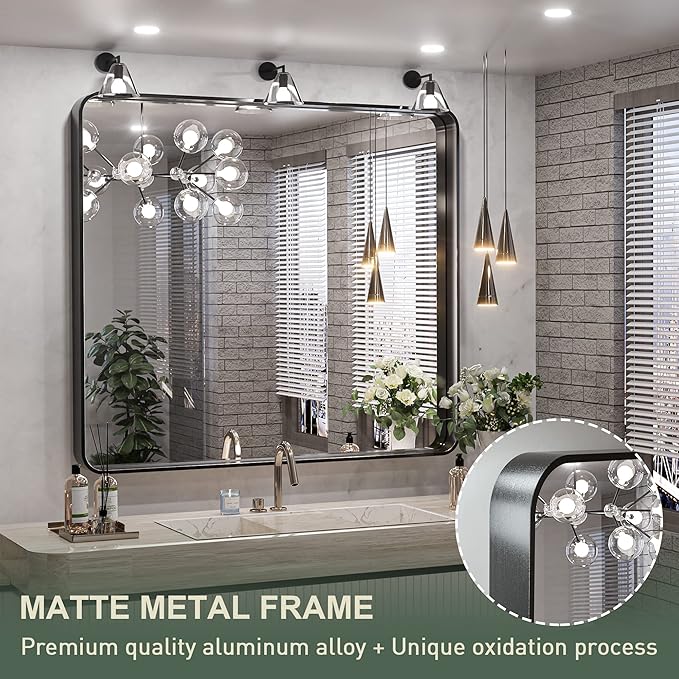 TokeShimi 36 x 36 Inch Wall Mirror Black Bathroom Vanity Mirror with Metal Frame Aluminum Alloy Soft Rounded Corner for Modern Farmhouse Wall Decor 1”Deep Set Design (Horizontal/Vertical)
