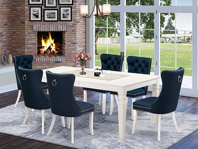 East West Furniture LGDA7-LWH-29 7 Piece Dining Room Set Includes a Rectangle Wooden Table with Butterfly Leaf and 6 Polyester Fabric Padded Chairs, 42x84 Inch, linen white
