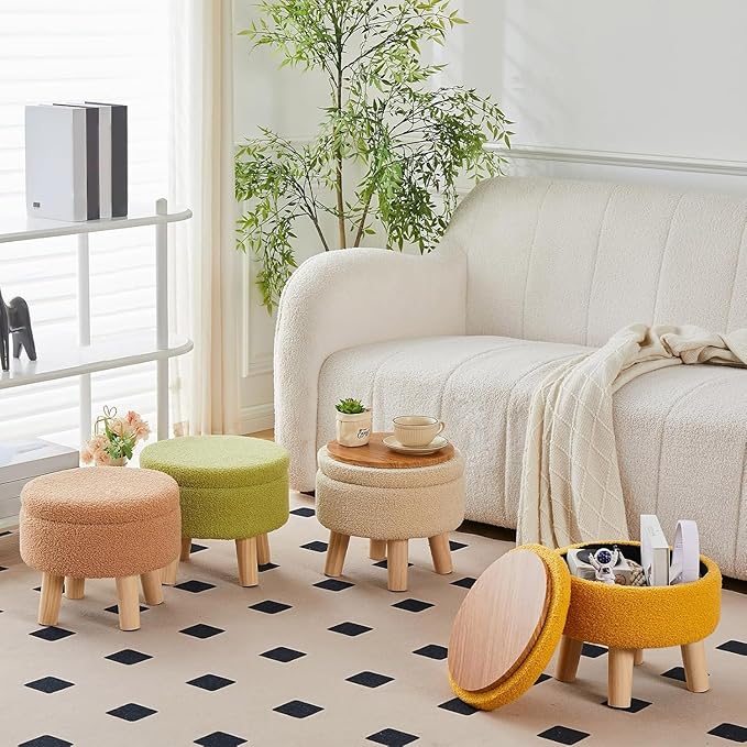 Wimarsbon Storage Ottoman, Modern Round Footrest with Soft Padded Seat, Teddy Velvet Footstool with Wood Legs, Accent Small Table or Plant Stand for Hallway, Living Room (Champagne)