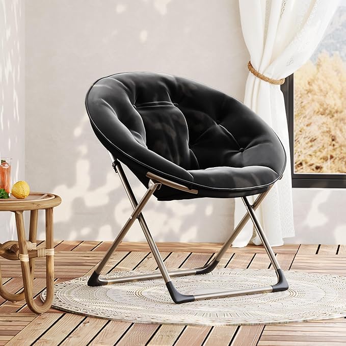 Comfy Saucer Chairs, Black Folding Reading Lounge Chair, Cozy Faux Fur Living Room Chair with Soft Thick Padded Seat & Metal Frame, Modern Style Bedroom Home for Kids Adults, X-Large, Gold Legs